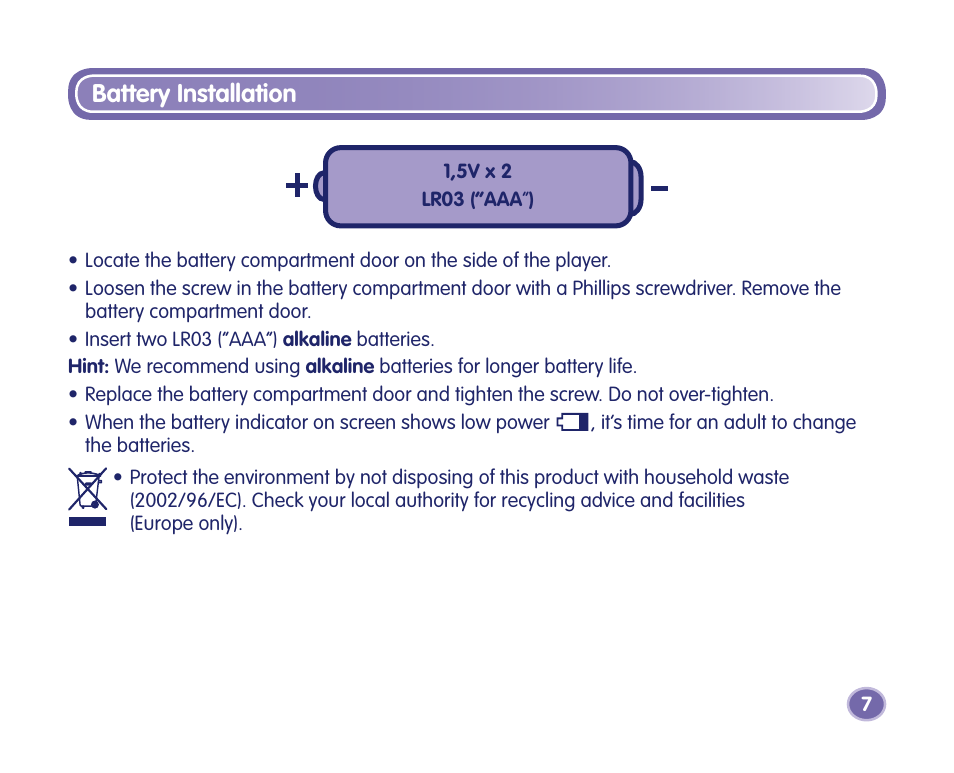 Battery installation | Fisher-Price Kid-Tough Fp3 Player M2814 User Manual | Page 7 / 40