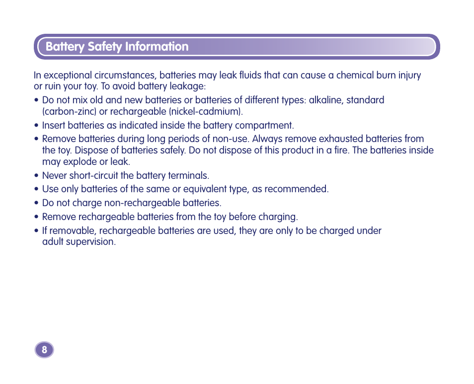 Battery safety information | Fisher-Price Kid-Tough Fp3 Player M2814 User Manual | Page 8 / 40