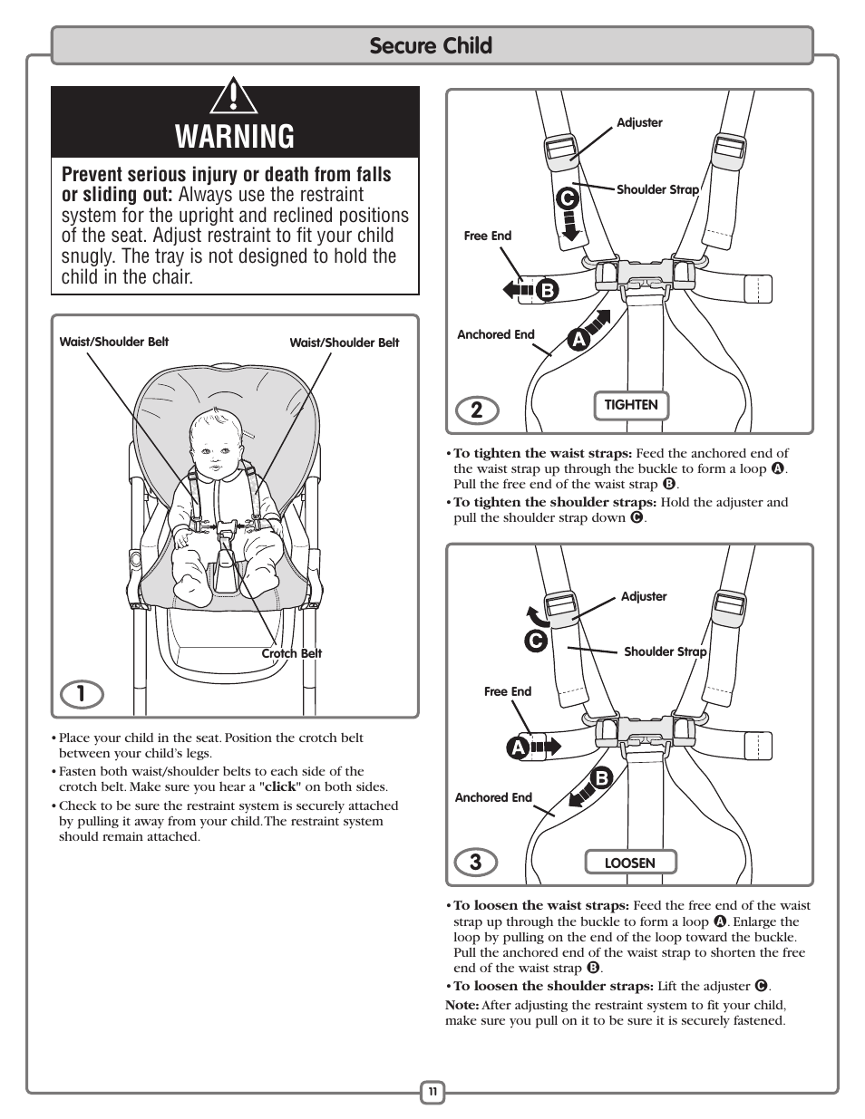 Warning, Secure child 1 | Fisher-Price L3891 User Manual | Page 11 / 16