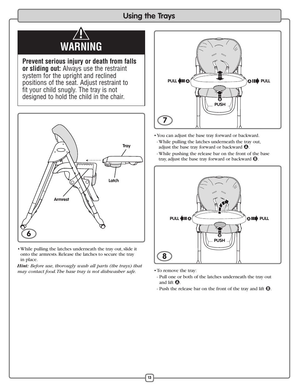 Warning, Using the trays | Fisher-Price L3891 User Manual | Page 13 / 16
