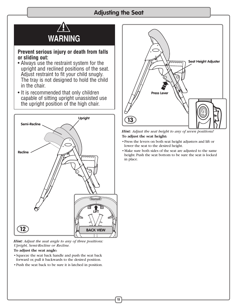 Warning, Adjusting the seat | Fisher-Price L3891 User Manual | Page 15 / 16