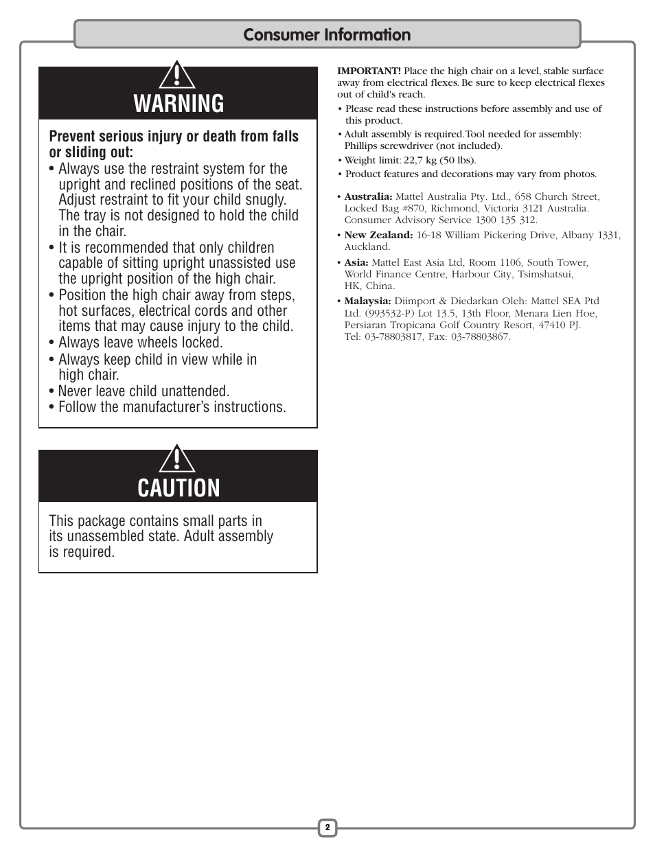 Warning caution, Consumer information | Fisher-Price L3891 User Manual | Page 2 / 16