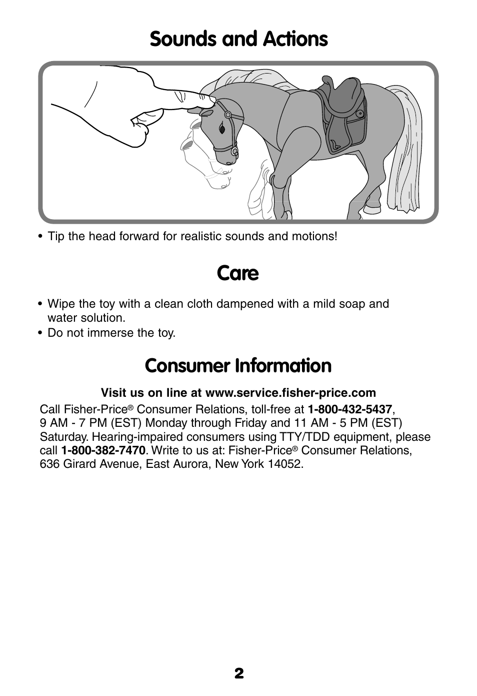 Sounds and actions care, Consumer information | Fisher-Price K6781 User Manual | Page 2 / 4