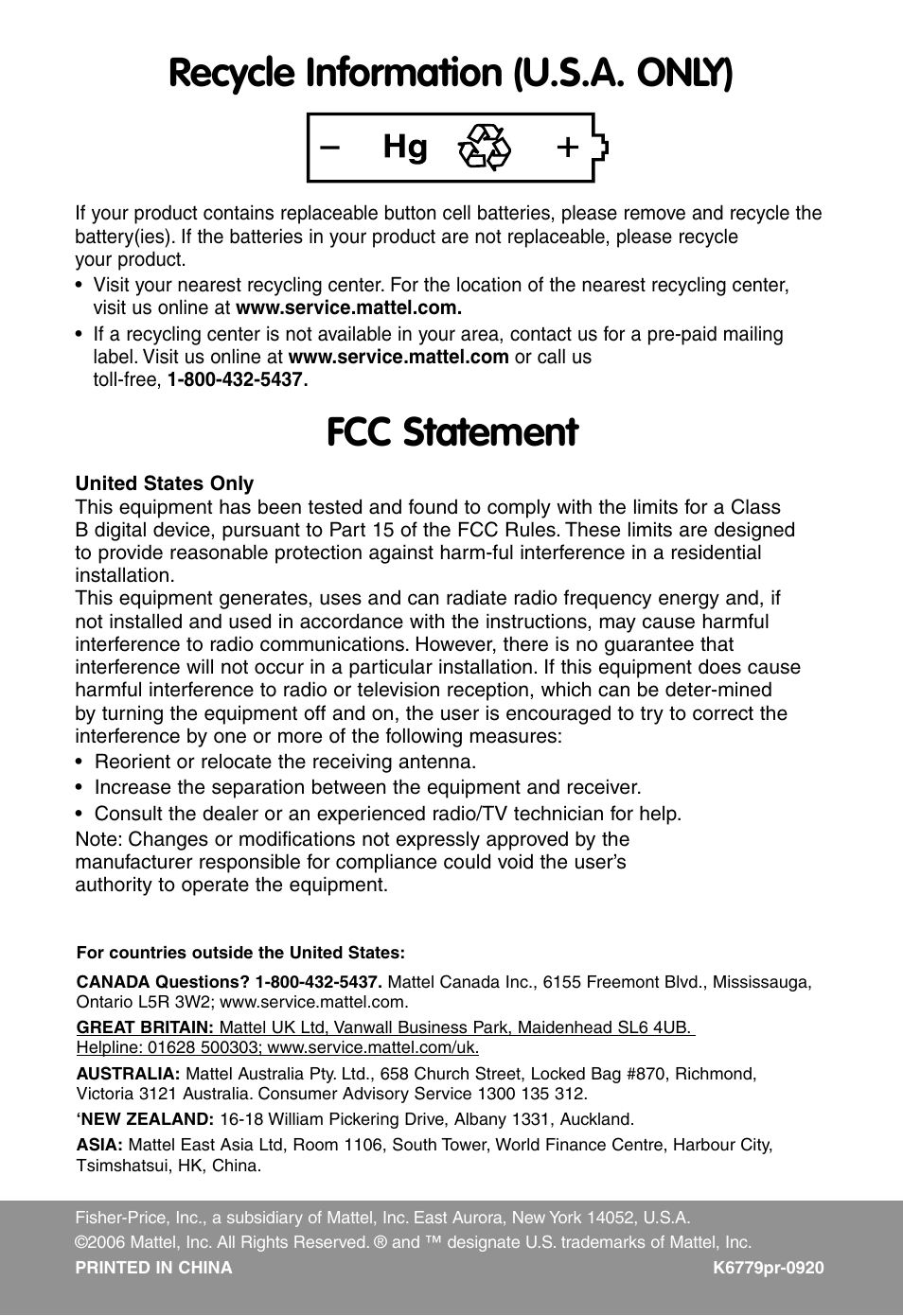 Recycle information (u.s.a. only), Fcc statement | Fisher-Price K6781 User Manual | Page 4 / 4