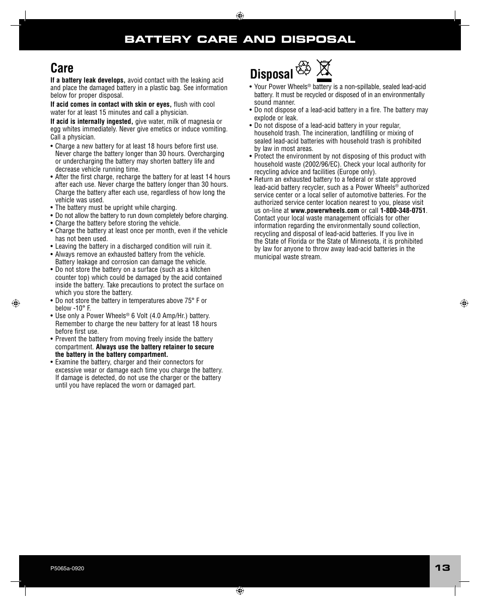 Care, Disposal, Battery care and disposal | Fisher-Price ROCKER P5065 User Manual | Page 13 / 21
