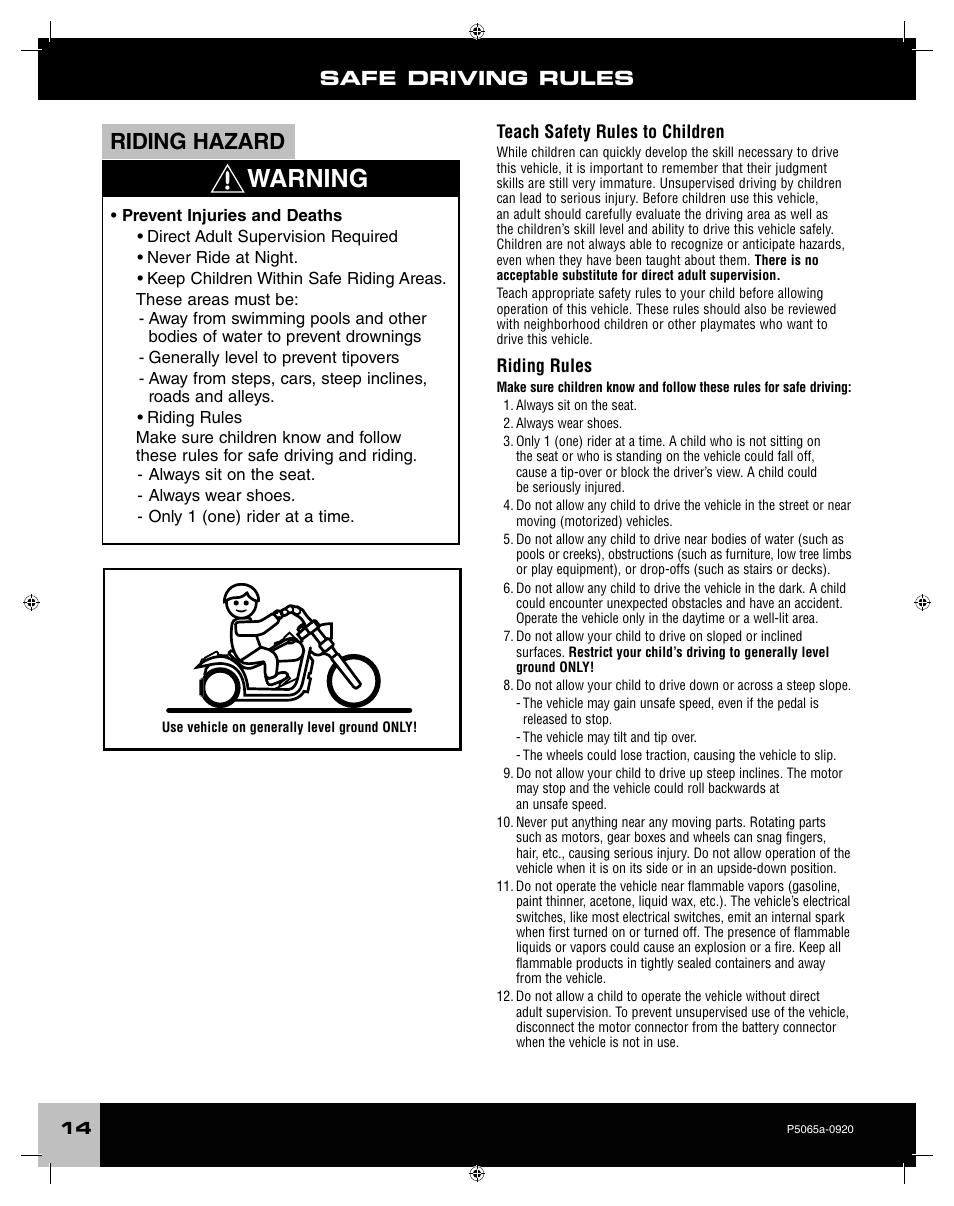 Warning, Riding hazard, Safe driving rules | Fisher-Price ROCKER P5065 User Manual | Page 14 / 21