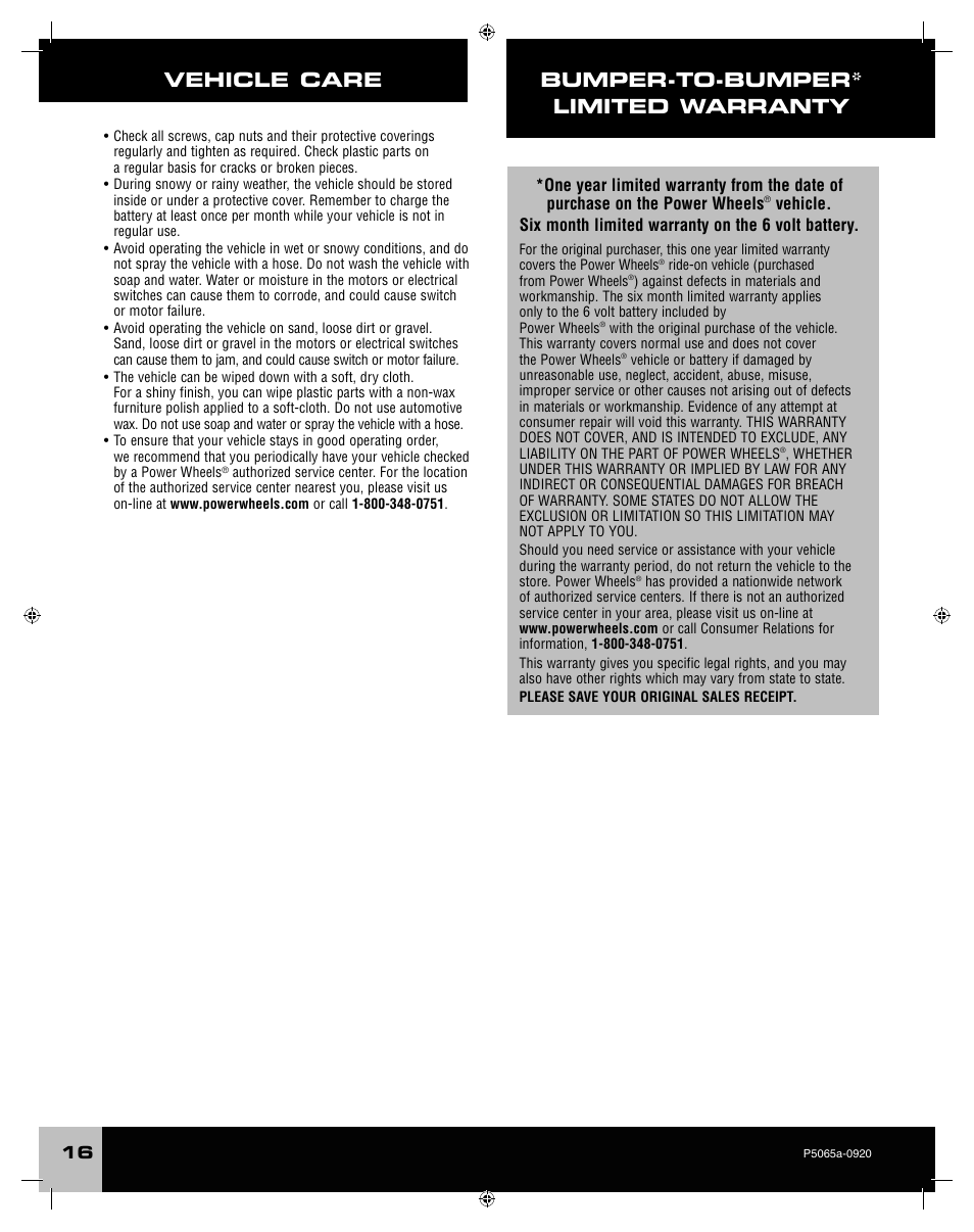 Vehicle care, Bumper-to-bumper* limited warranty | Fisher-Price ROCKER P5065 User Manual | Page 16 / 21