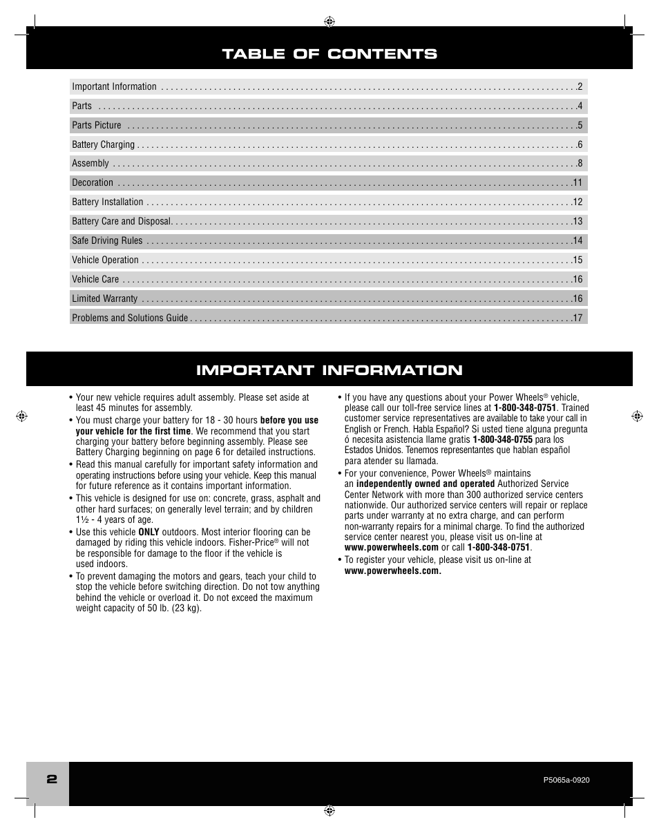 Important information table of contents | Fisher-Price ROCKER P5065 User Manual | Page 2 / 21