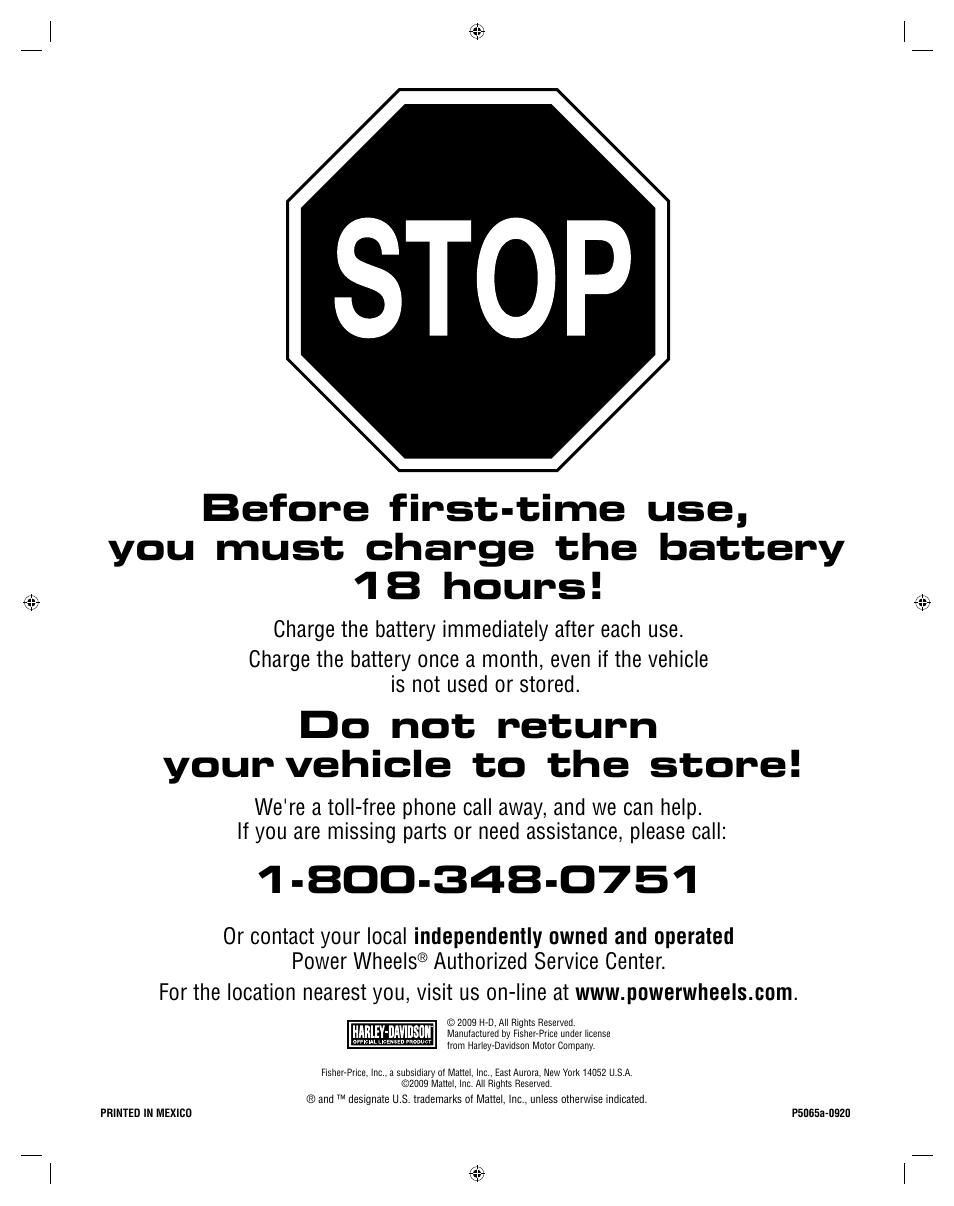 Do not return your vehicle to the store | Fisher-Price ROCKER P5065 User Manual | Page 20 / 21