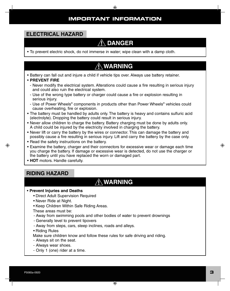 Warning, Danger, Electrical hazard | Riding hazard | Fisher-Price ROCKER P5065 User Manual | Page 3 / 21