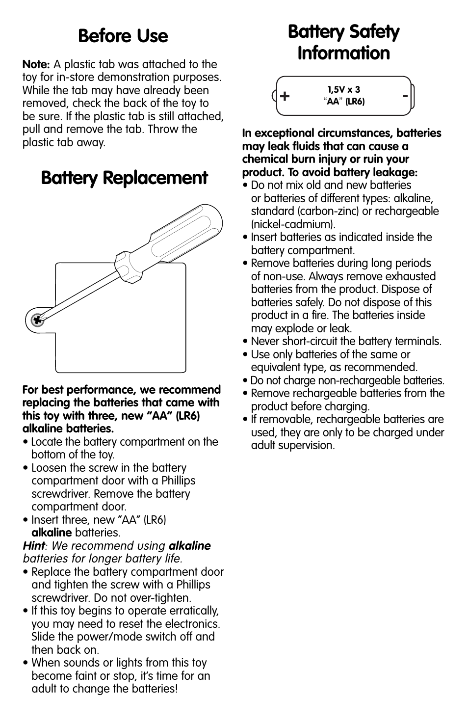 Before use, Battery replacement battery safety information | Fisher-Price H0675 User Manual | Page 2 / 4