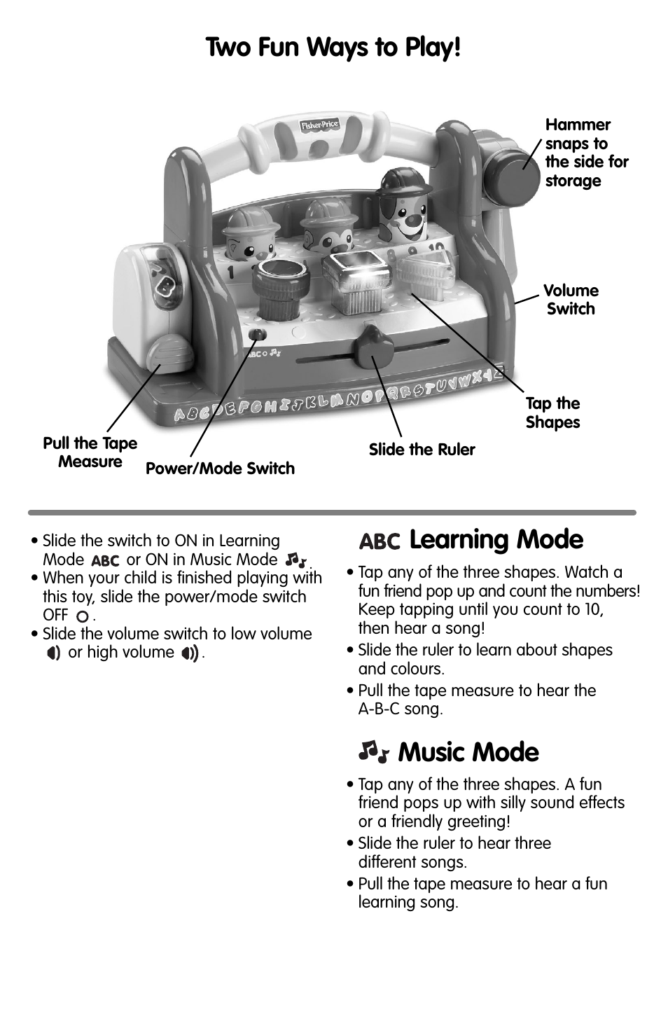Music mode, Learning mode two fun ways to play | Fisher-Price H0675 User Manual | Page 3 / 4