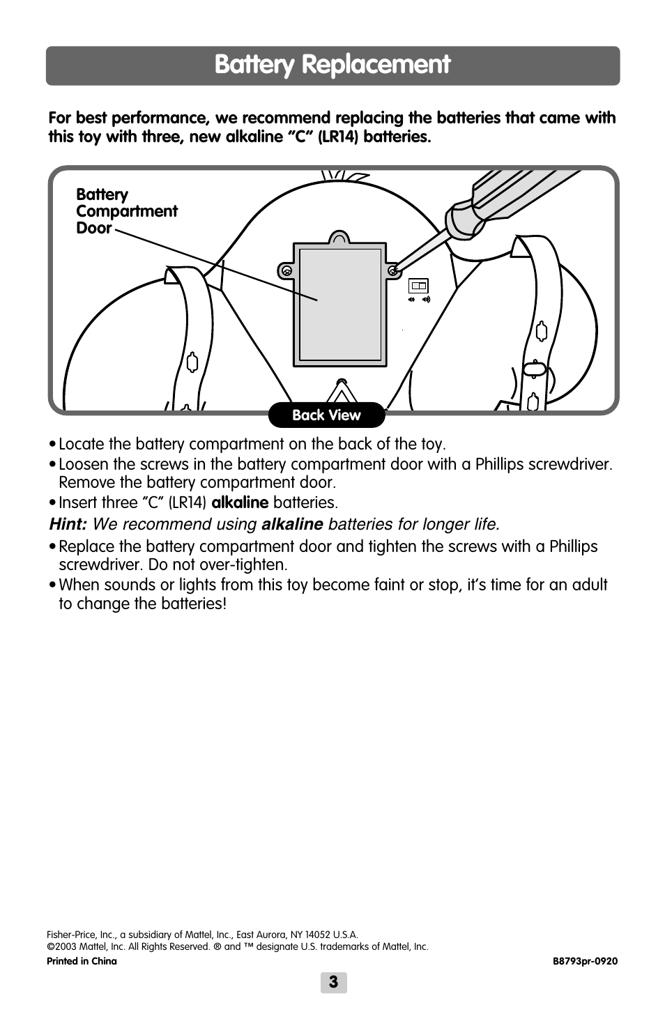 Battery replacement | Fisher-Price CRIB MIRROR B8793 User Manual | Page 3 / 6