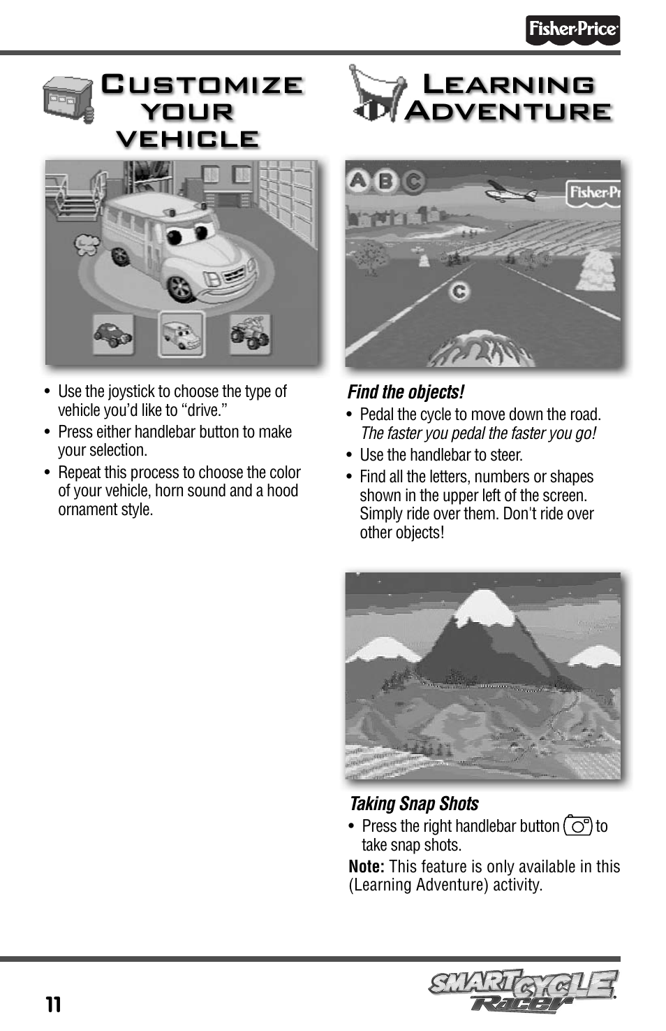 Customize your vehicle, Learning adventure a | Fisher-Price SMARTCYCLE RACER T3857 User Manual | Page 11 / 20