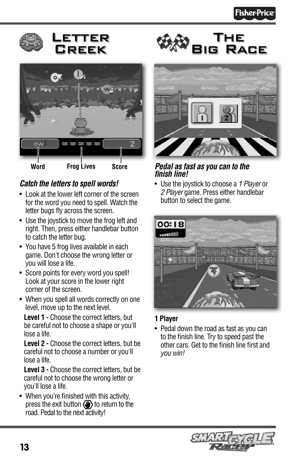 Letter creek the big race | Fisher-Price SMARTCYCLE RACER T3857 User Manual | Page 13 / 20