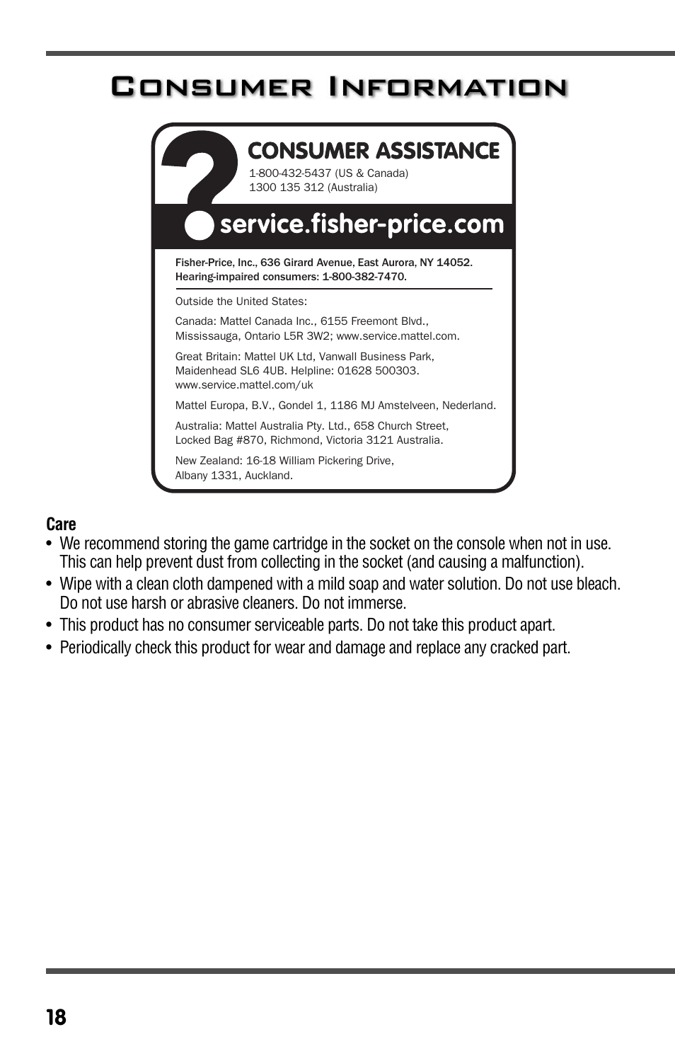 Consumer information | Fisher-Price SMARTCYCLE RACER T3857 User Manual | Page 18 / 20