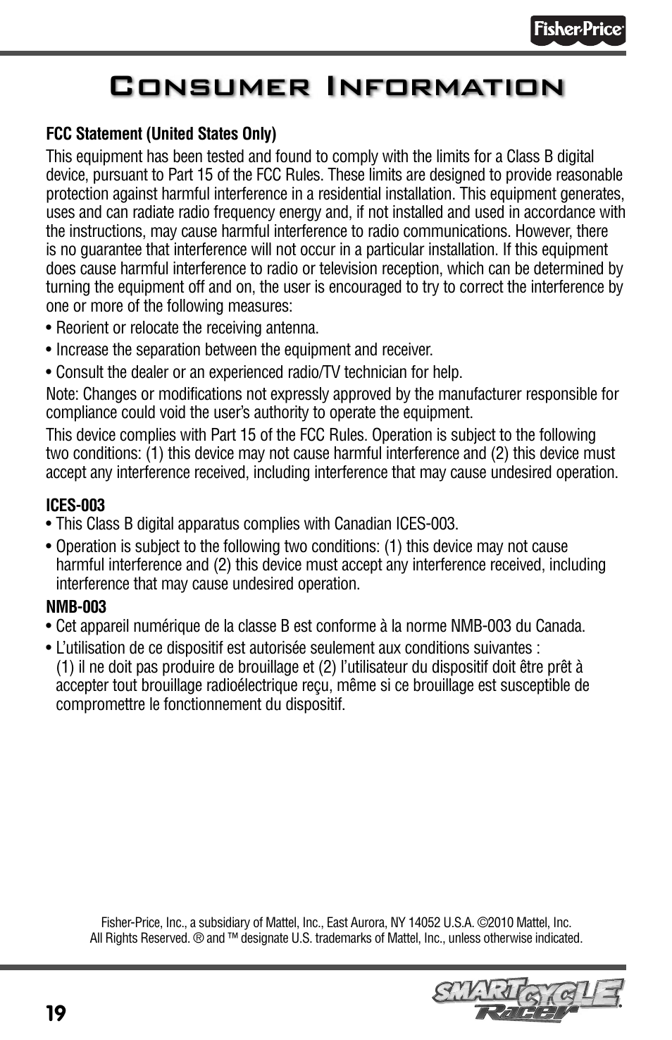 Consumer information | Fisher-Price SMARTCYCLE RACER T3857 User Manual | Page 19 / 20