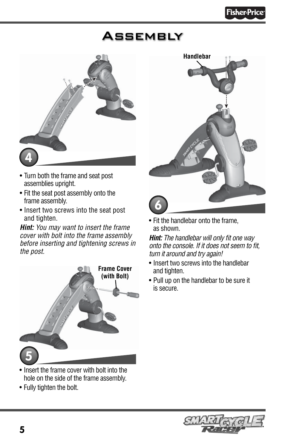 Assembly | Fisher-Price SMARTCYCLE RACER T3857 User Manual | Page 5 / 20