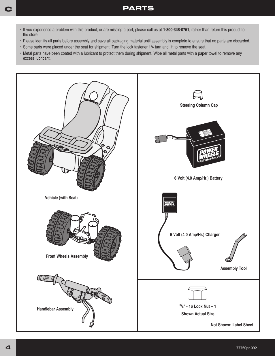Parts, Vehicle (with seat), 16 lock nut – 1 shown actual size assembly tool | Fisher-Price 77768 User Manual | Page 4 / 20