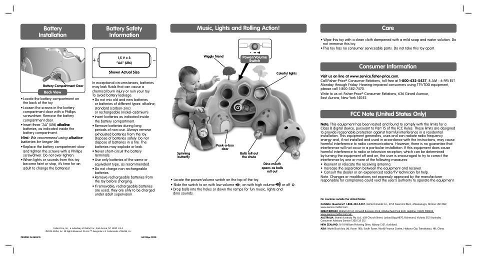 Music, lights and rolling action, Battery safety information battery installation, Consumer information | Care | Fisher-Price H5924 User Manual | Page 2 / 2