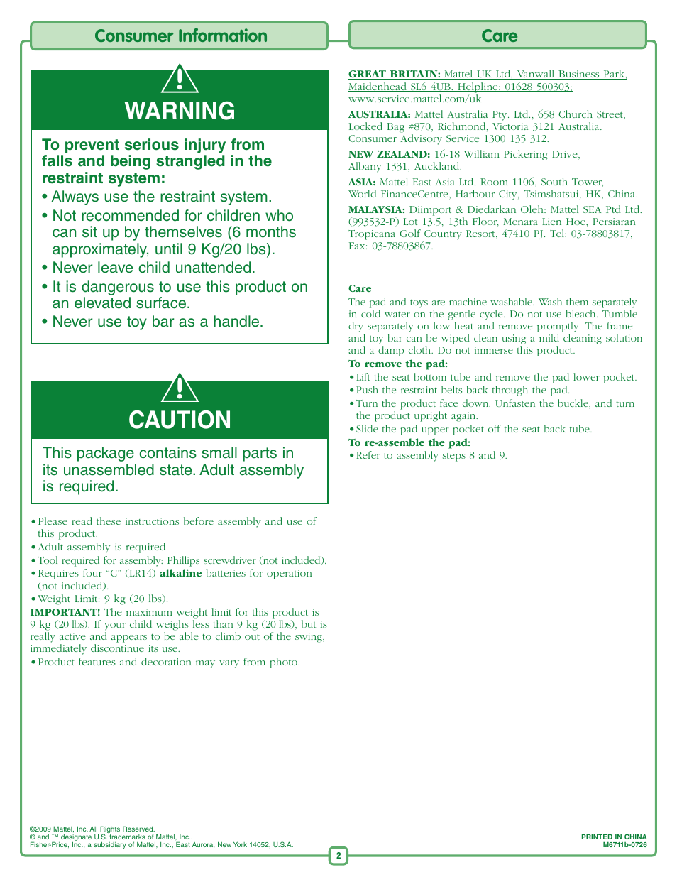 Caution, Warning, Consumer information | Care | Fisher-Price M6711 User Manual | Page 2 / 8