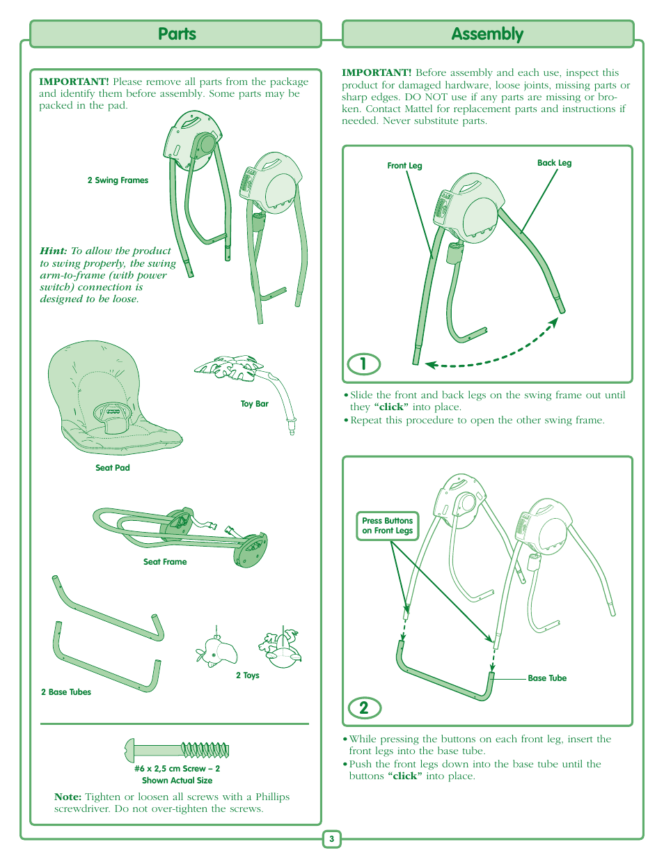 Parts, Assembly | Fisher-Price M6711 User Manual | Page 3 / 8