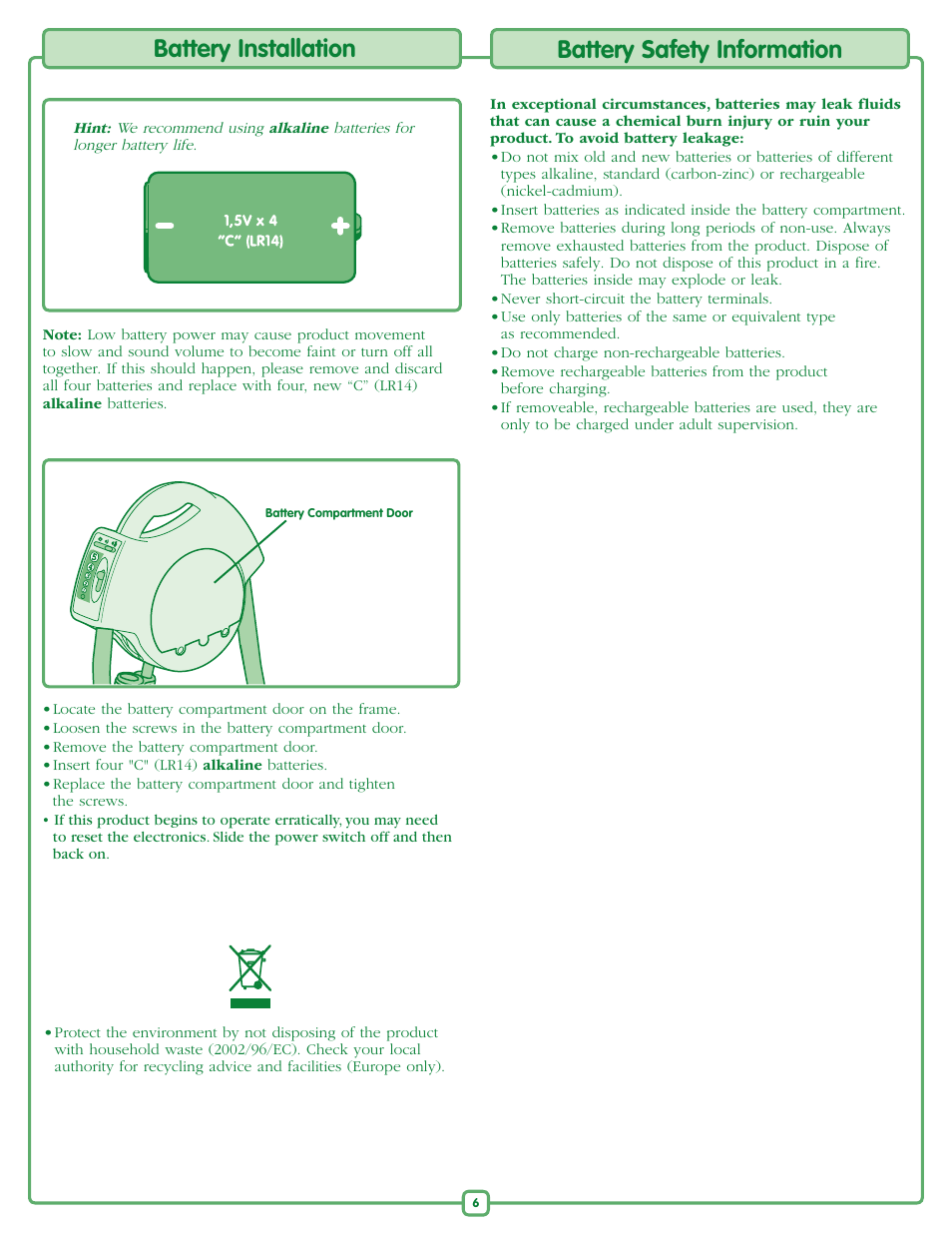 Battery installation, Battery safety information | Fisher-Price M6711 User Manual | Page 6 / 8