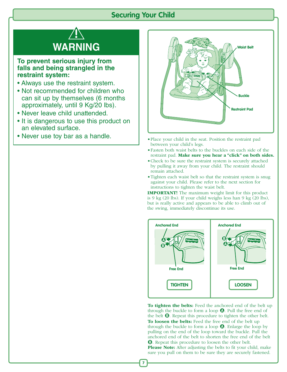 Warning, Securing your child | Fisher-Price M6711 User Manual | Page 7 / 8