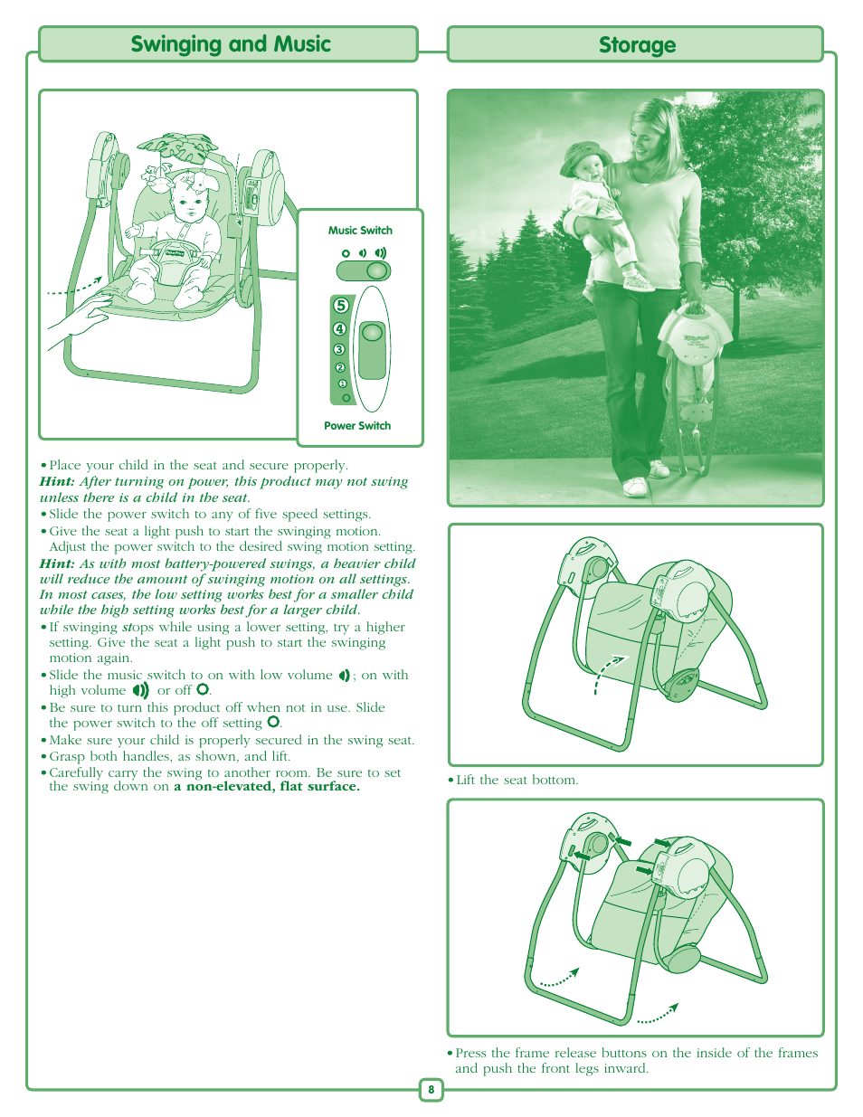 Swinging and music, Storage | Fisher-Price M6711 User Manual | Page 8 / 8