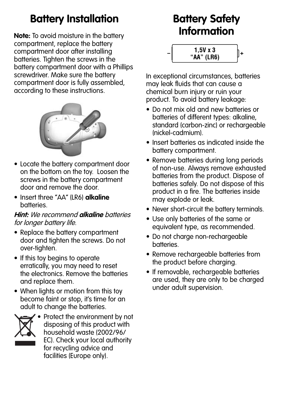 Battery installation, Battery safety information | Fisher-Price V4377 User Manual | Page 2 / 4