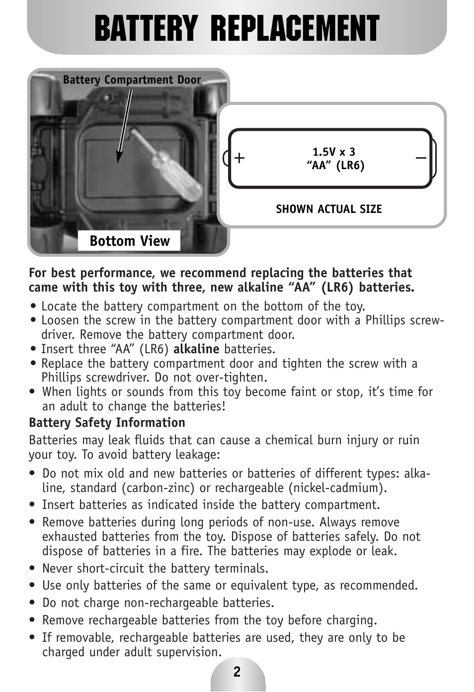 Battery replacement | Fisher-Price RESCUE FIRETRUCK B5732 User Manual | Page 2 / 6