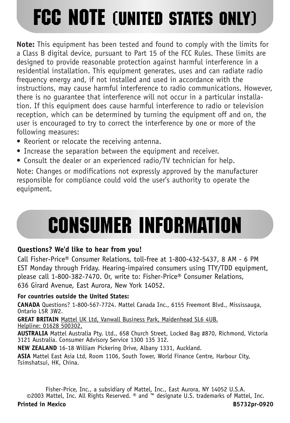 Consumer information, United states only) | Fisher-Price RESCUE FIRETRUCK B5732 User Manual | Page 6 / 6