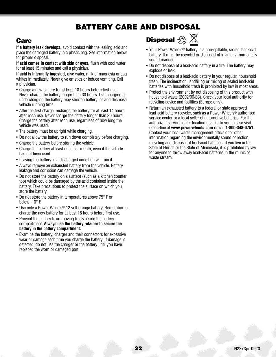 Battery care and disposal, Care, Disposal | Fisher-Price JEEP HURRICANE N2273 User Manual | Page 22 / 32