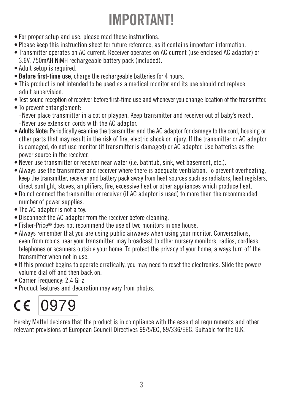 Important | Fisher-Price P6584 User Manual | Page 3 / 16