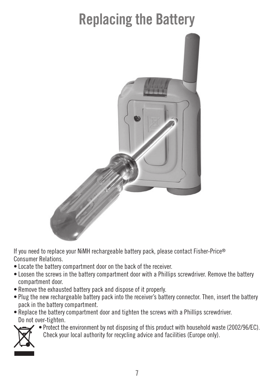 Replacing the battery | Fisher-Price P6584 User Manual | Page 7 / 16