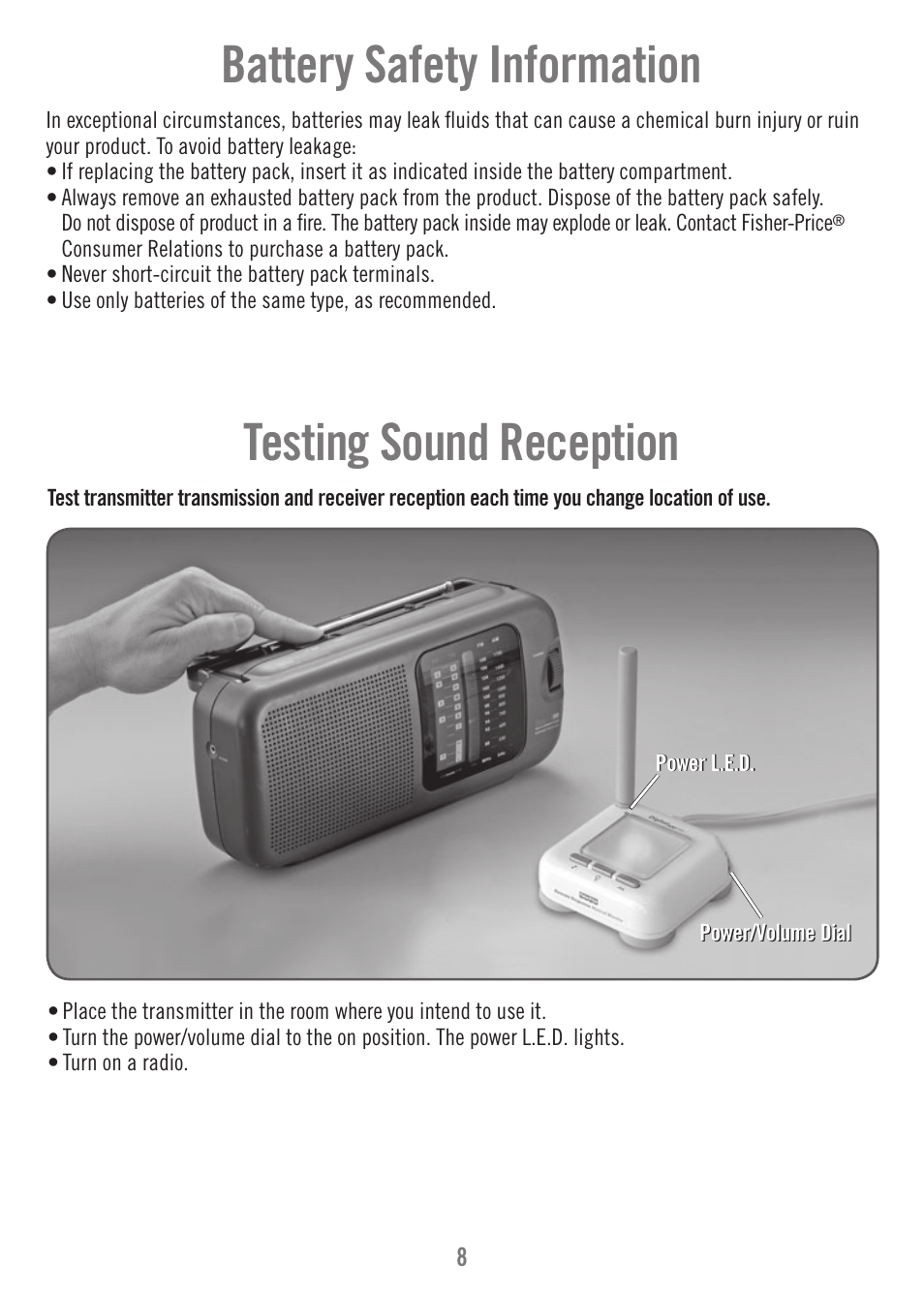 Battery safety information, Testing sound reception | Fisher-Price P6584 User Manual | Page 8 / 16