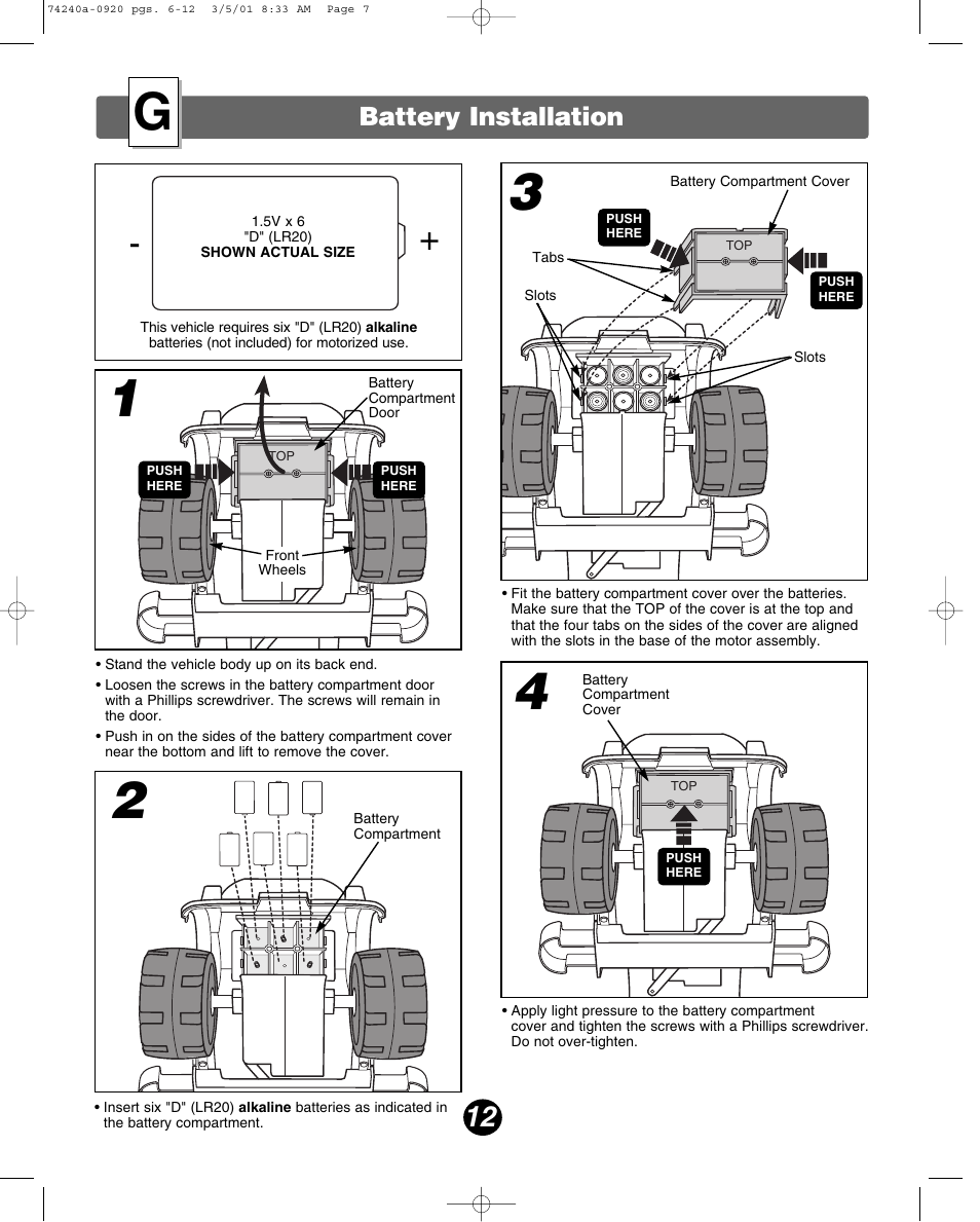 Battery installation | Fisher-Price 74240 User Manual | Page 12 / 20