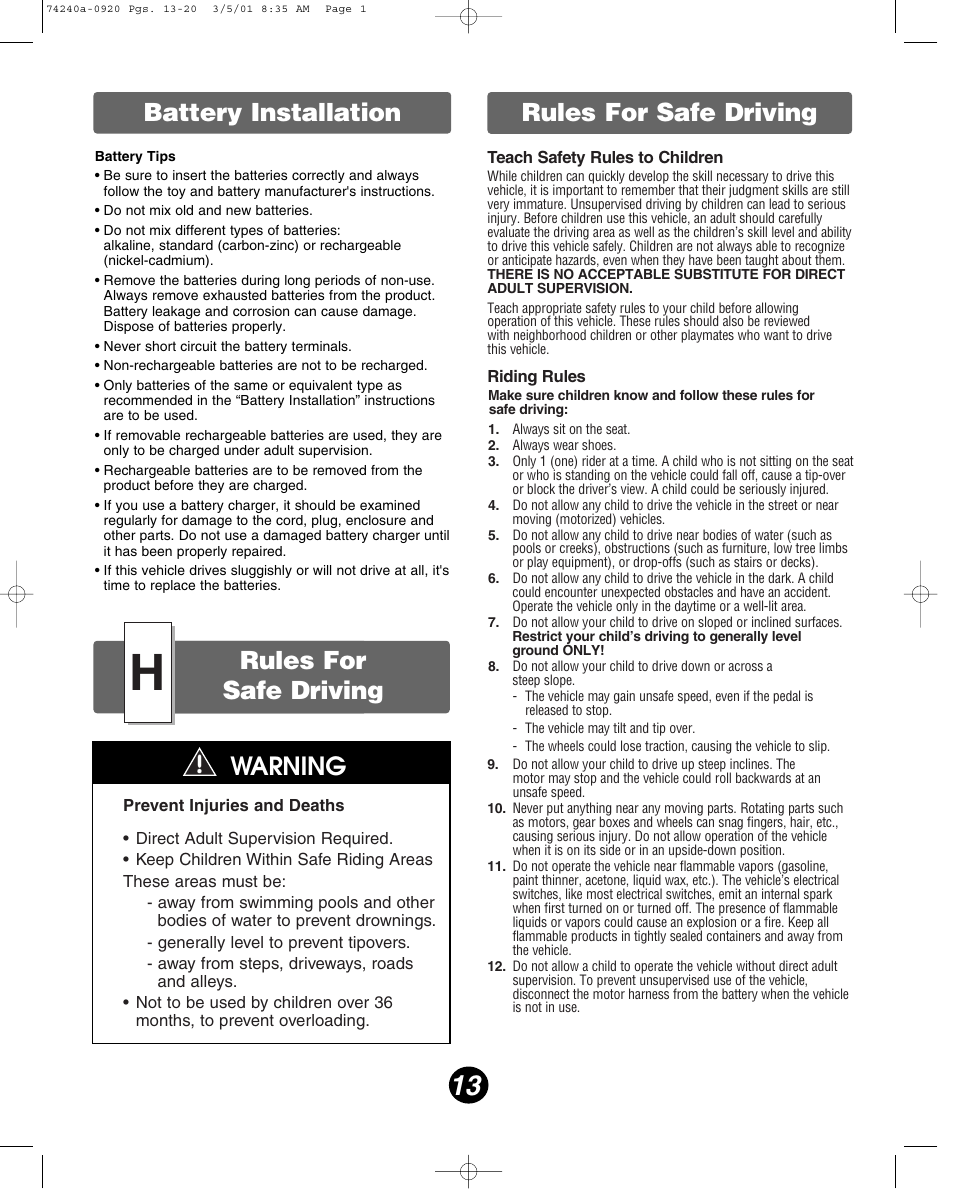 Rules for safe driving warning, Battery installation, Rules for safe driving | Fisher-Price 74240 User Manual | Page 13 / 20