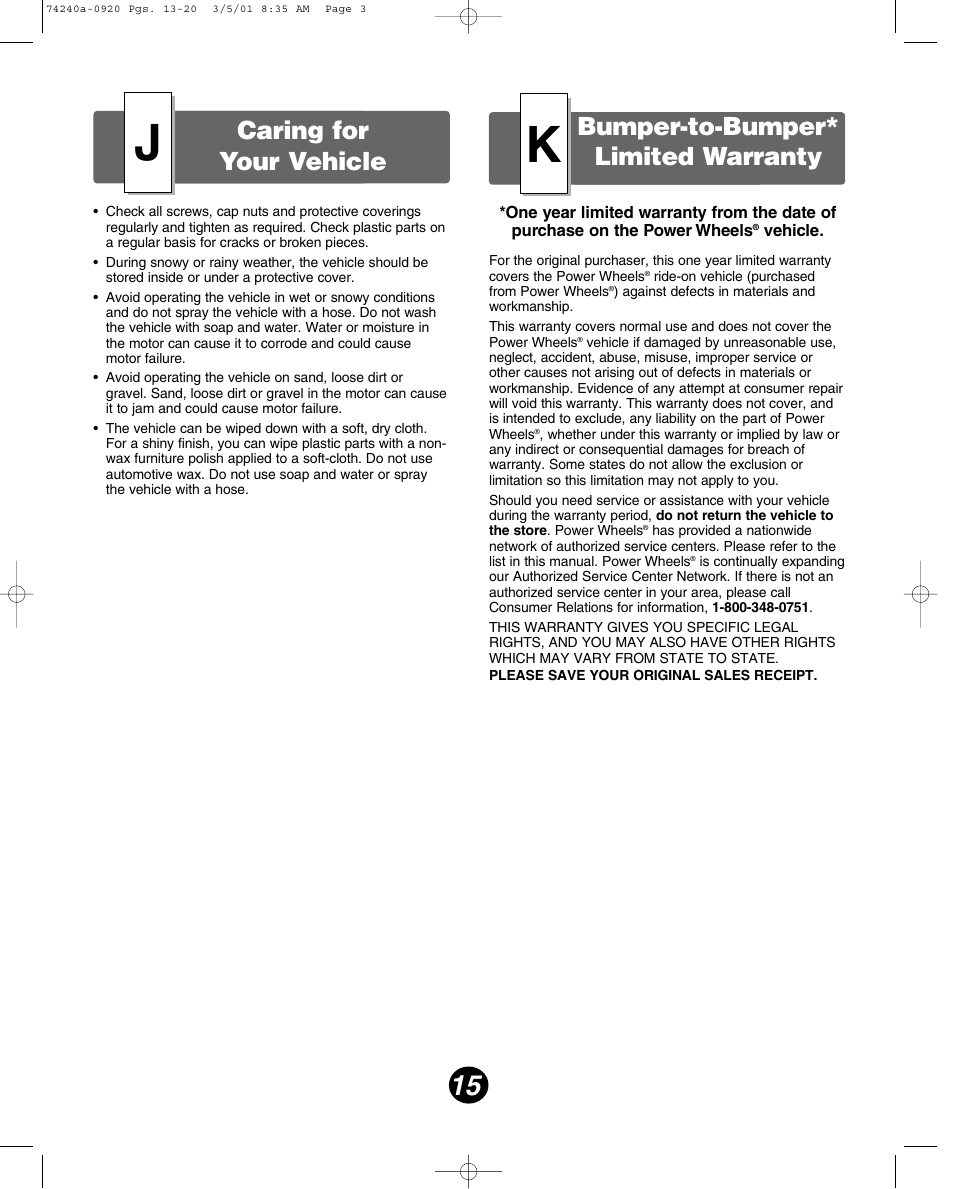 Caring for your vehicle, Bumper-to-bumper* limited warranty | Fisher-Price 74240 User Manual | Page 15 / 20