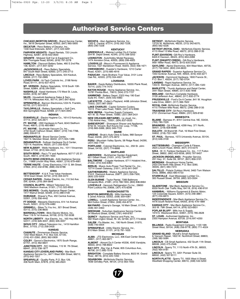 Authorized service centers | Fisher-Price 74240 User Manual | Page 17 / 20