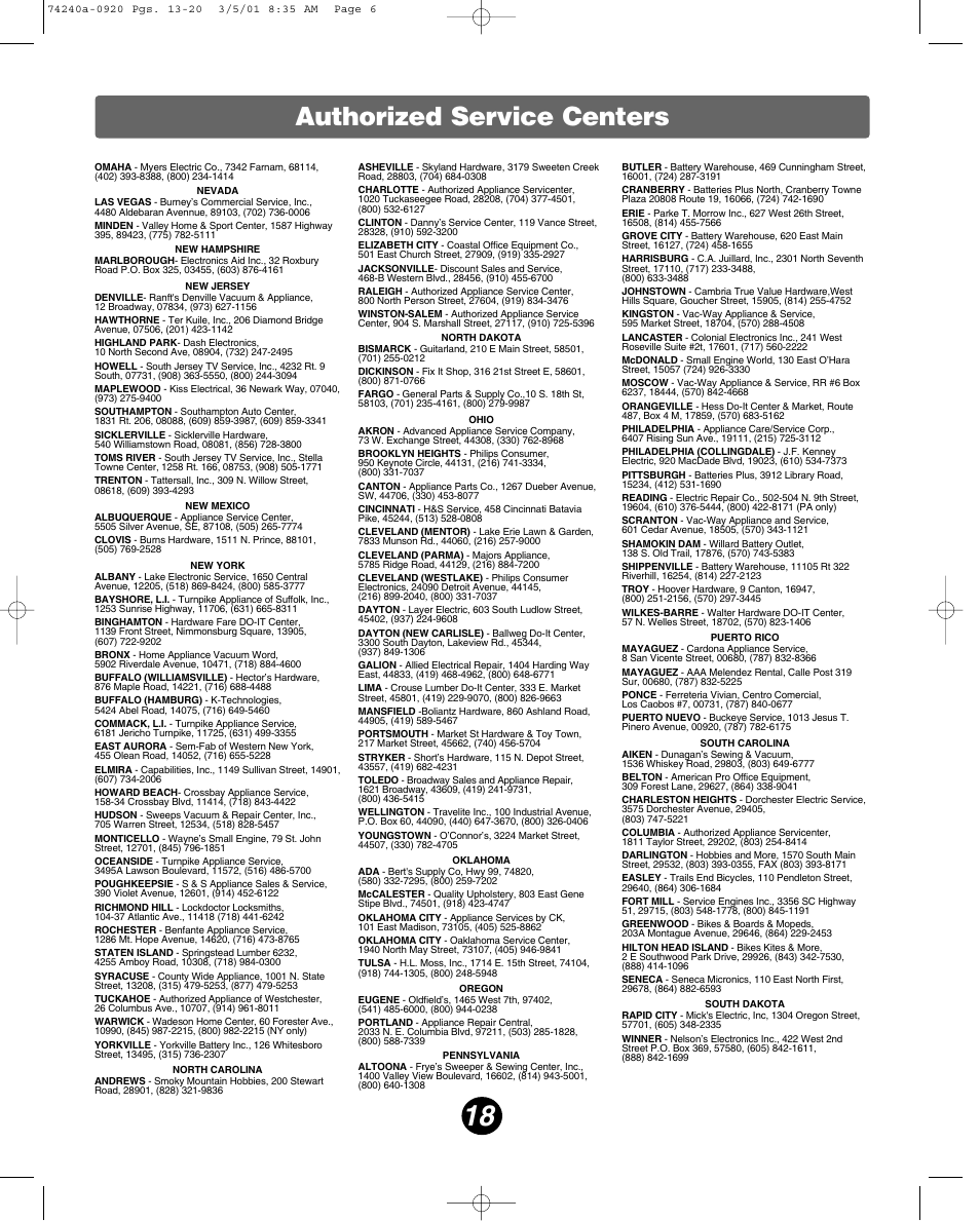 Authorized service centers | Fisher-Price 74240 User Manual | Page 18 / 20
