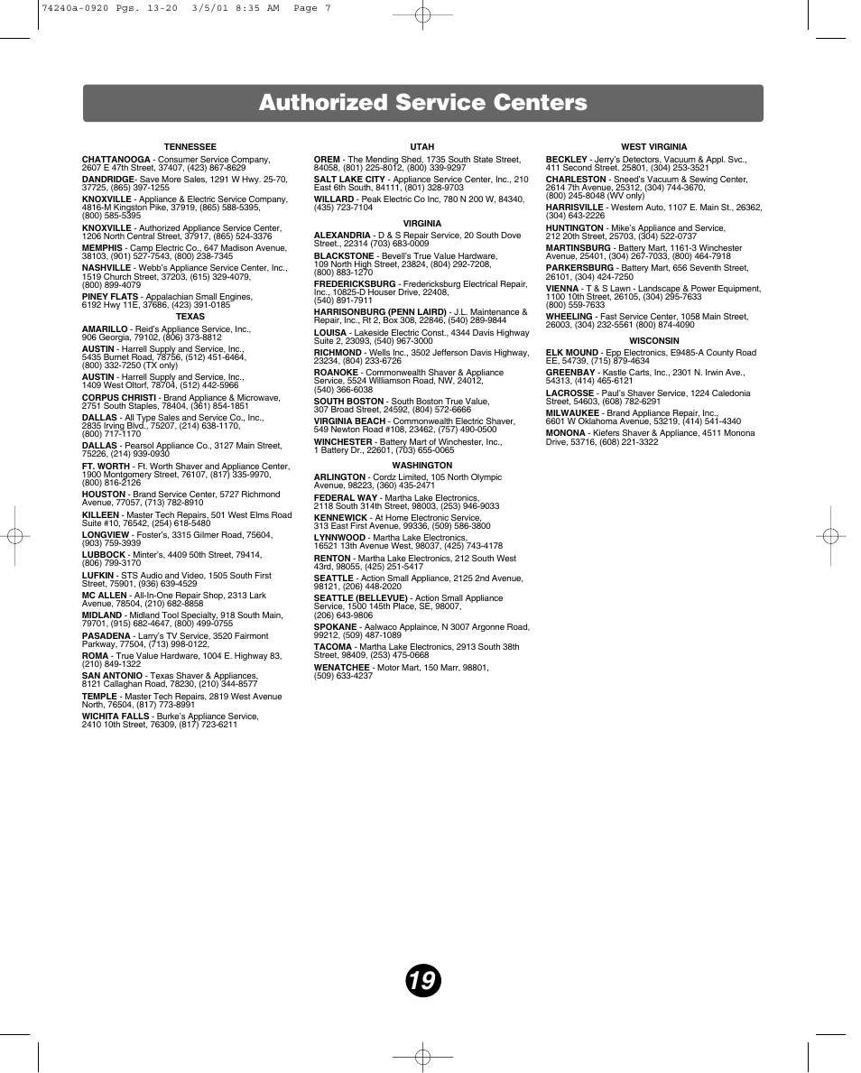 Authorized service centers | Fisher-Price 74240 User Manual | Page 19 / 20