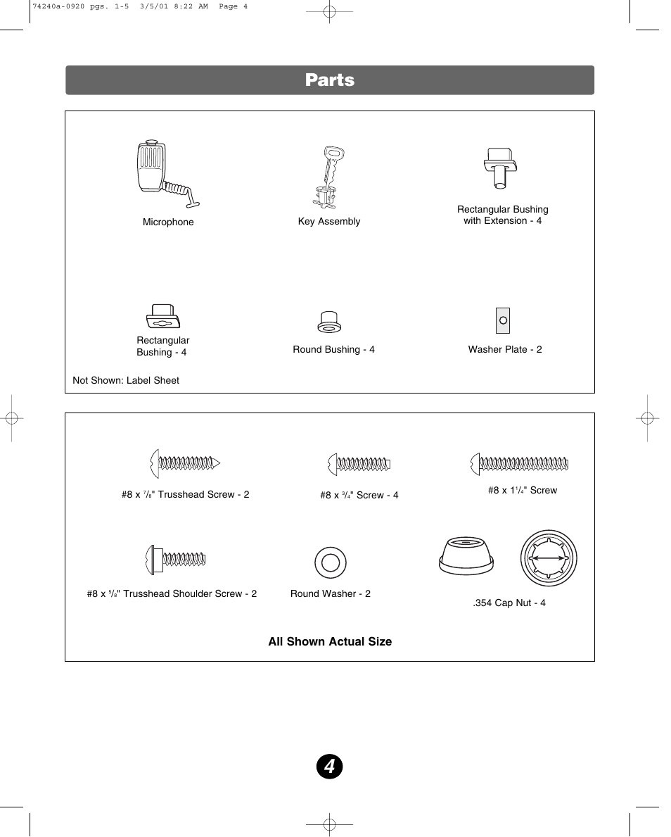 Parts, All shown actual size | Fisher-Price 74240 User Manual | Page 4 / 20