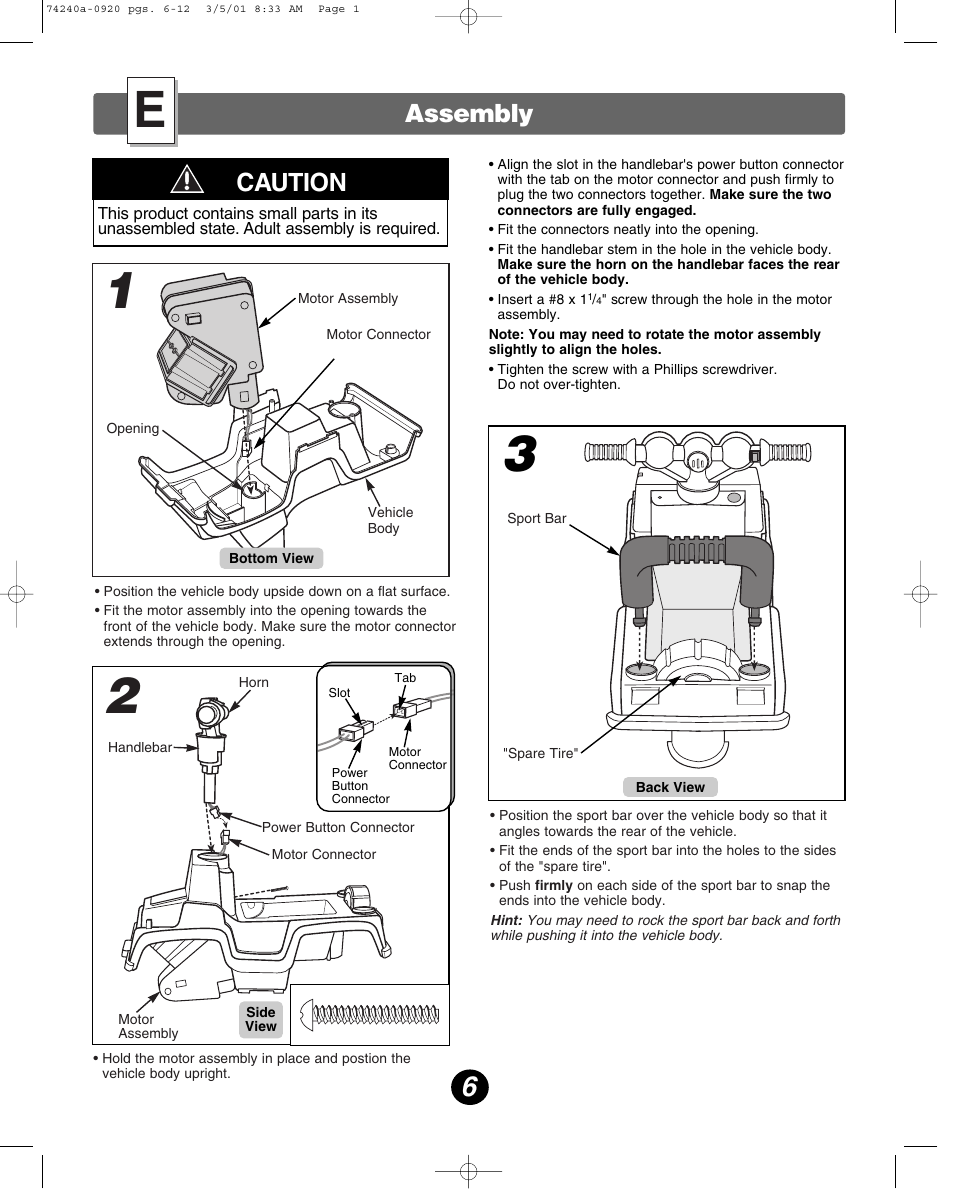 Assembly, Caution | Fisher-Price 74240 User Manual | Page 6 / 20