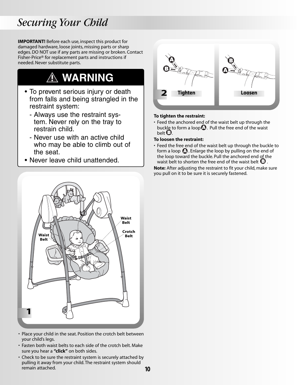 Securing your child, Warning | Fisher-Price SMART RESPONSE B2108 User Manual | Page 10 / 16