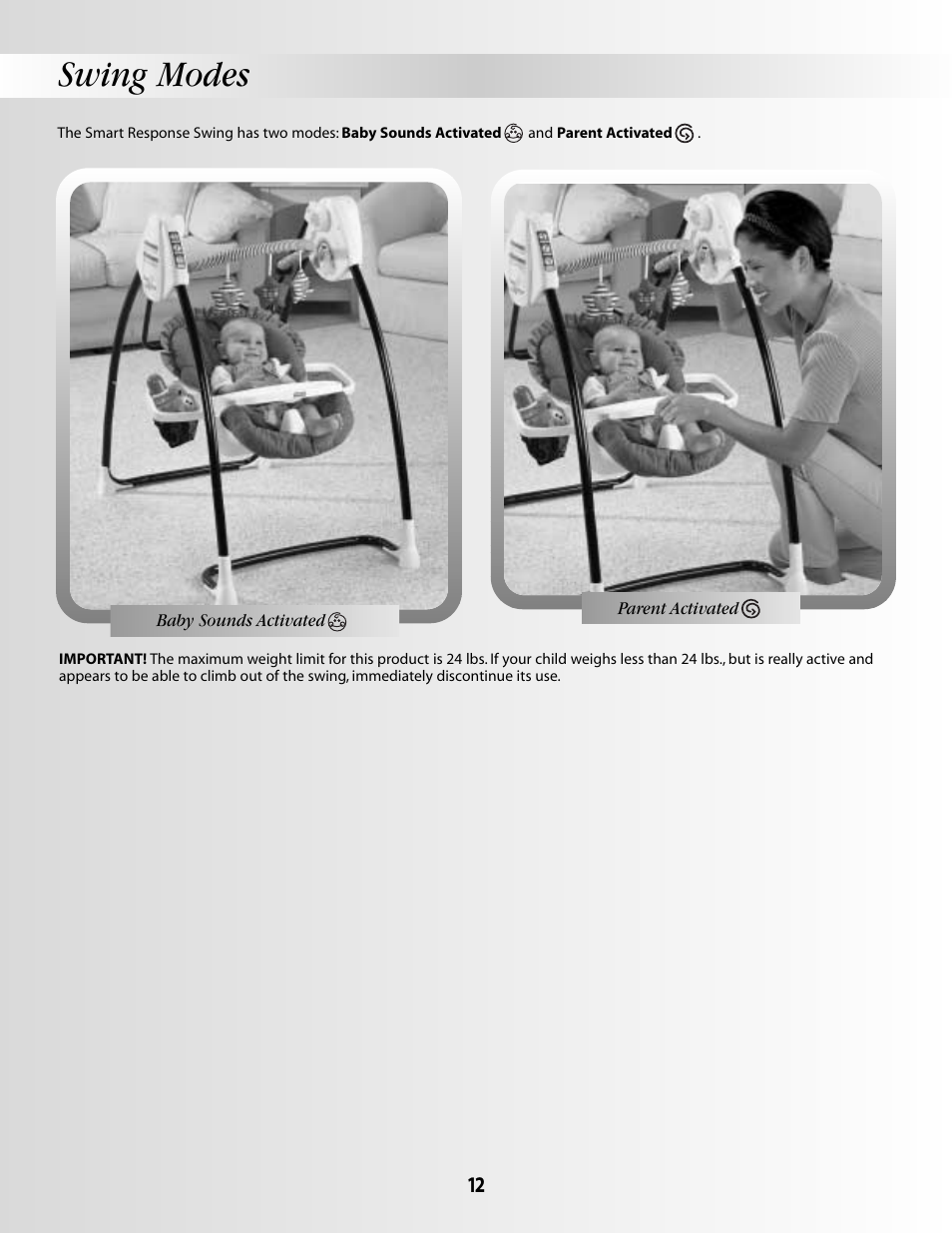 Swing modes | Fisher-Price SMART RESPONSE B2108 User Manual | Page 12 / 16