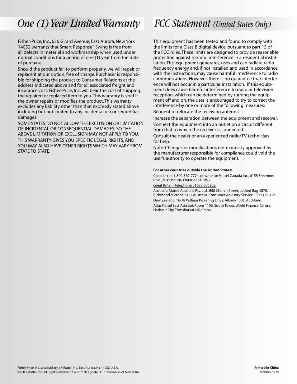One (1) year limited warranty fcc statement, United states only) | Fisher-Price SMART RESPONSE B2108 User Manual | Page 16 / 16