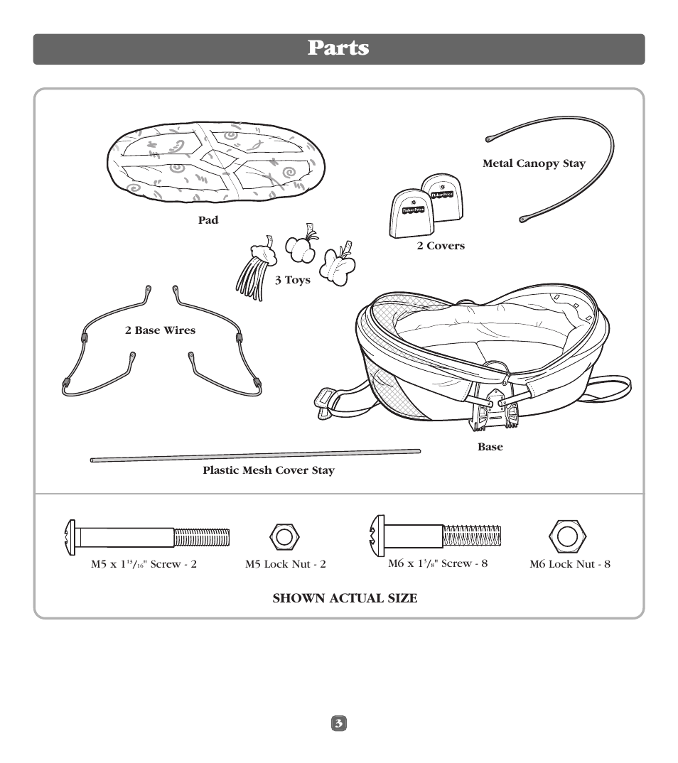 Parts, Shown actual size | Fisher-Price 79534 User Manual | Page 3 / 8