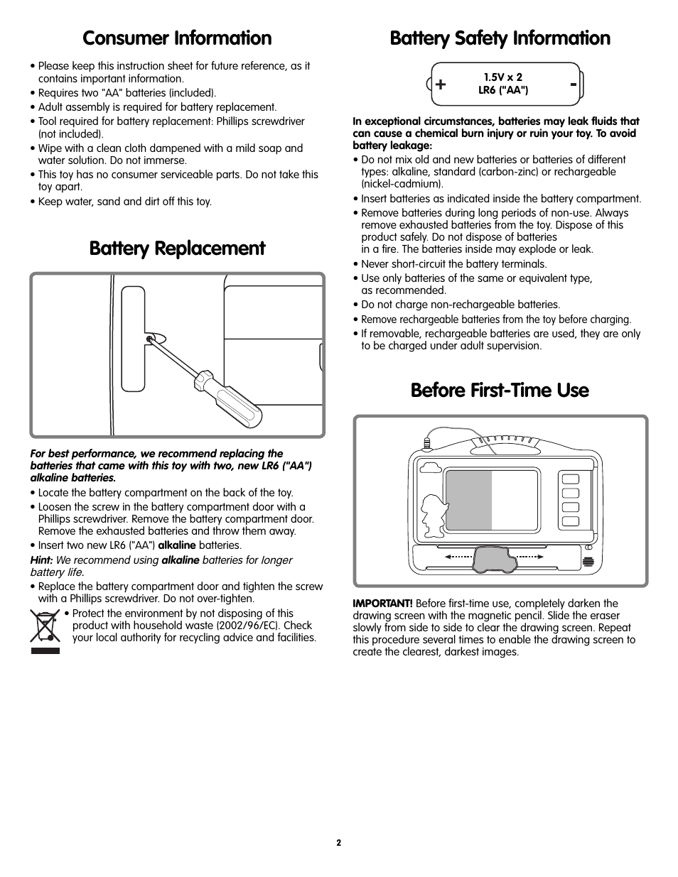 Consumer information | Fisher-Price DOODLE PRO M1353 User Manual | Page 2 / 4