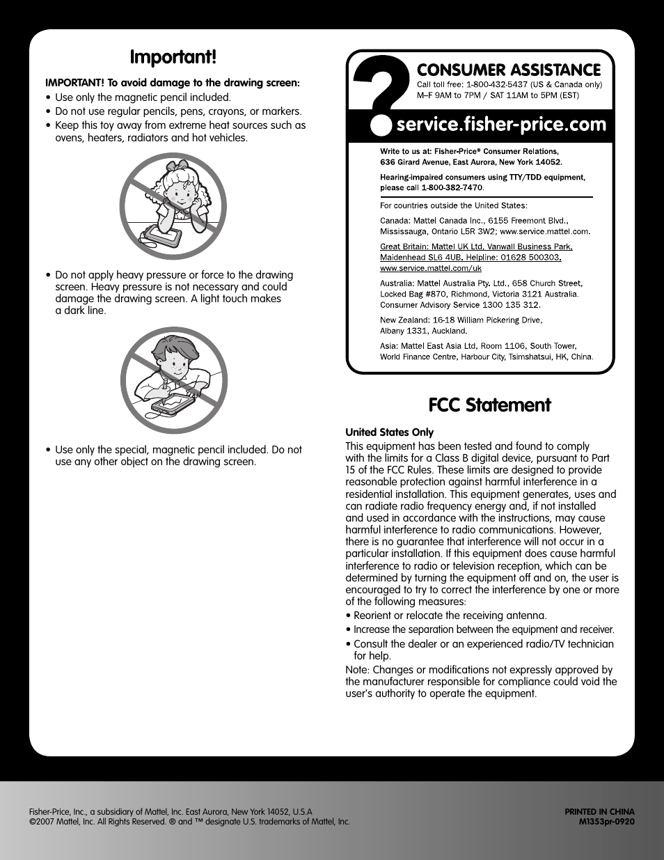 Fcc statement, Important | Fisher-Price DOODLE PRO M1353 User Manual | Page 4 / 4